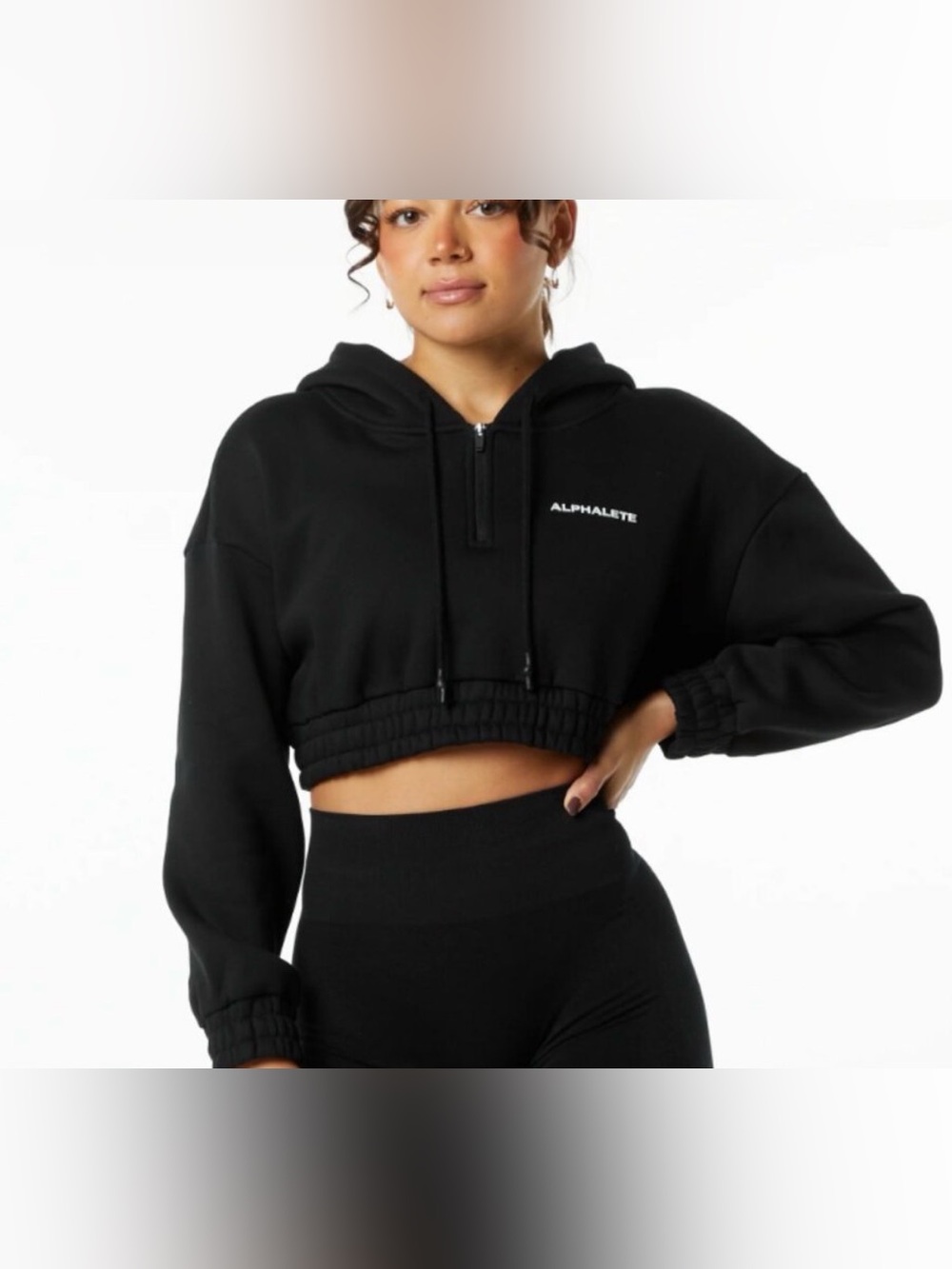Alphalete classic capital crop hoodie black size large half zip